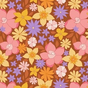 Retro Floral Wildflowers - Brown