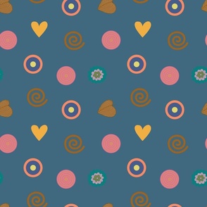 Pink and yellow geometric elements on dark blue background. 