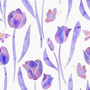 Watercolor Tulip Blooms and Butterflies | Periwinkle