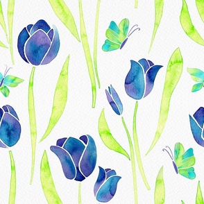 Watercolor Tulip Blooms and Butterflies | Purple and Lime Green | Summer colors