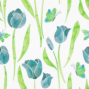Watercolor Tulip and Butterflies Garden | Monochromatic Greens