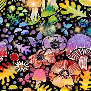 red mushroom and rainbow forest in fall with sunflower, anemone and fungi 