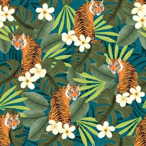 Tropical Tiger Hawaiian Palm Jungle in Teal and Olive