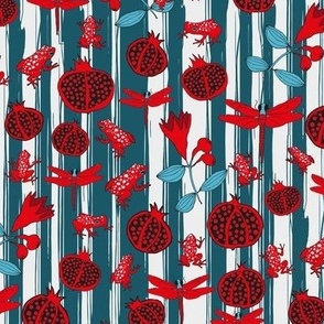 frogs and pomegranates on white-teal stripes