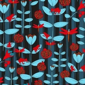 frogs and pomegranates on black-teal stripes