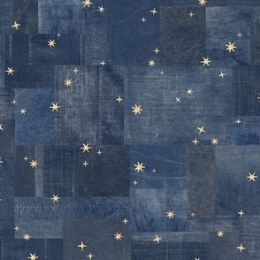 Gold Sequins on Denim | Metallic gold stars, sequins on indigo blue patchwork denim and linen, navy blue boro cloth, blue linen quilt, stars on denim, night sky fabric.