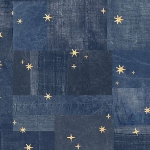 Gold Sequins on Denim (large scale) | Metallic gold stars, sequins on indigo blue patchwork denim and linen, navy blue boro cloth, blue linen quilt, stars on denim, night sky fabric.