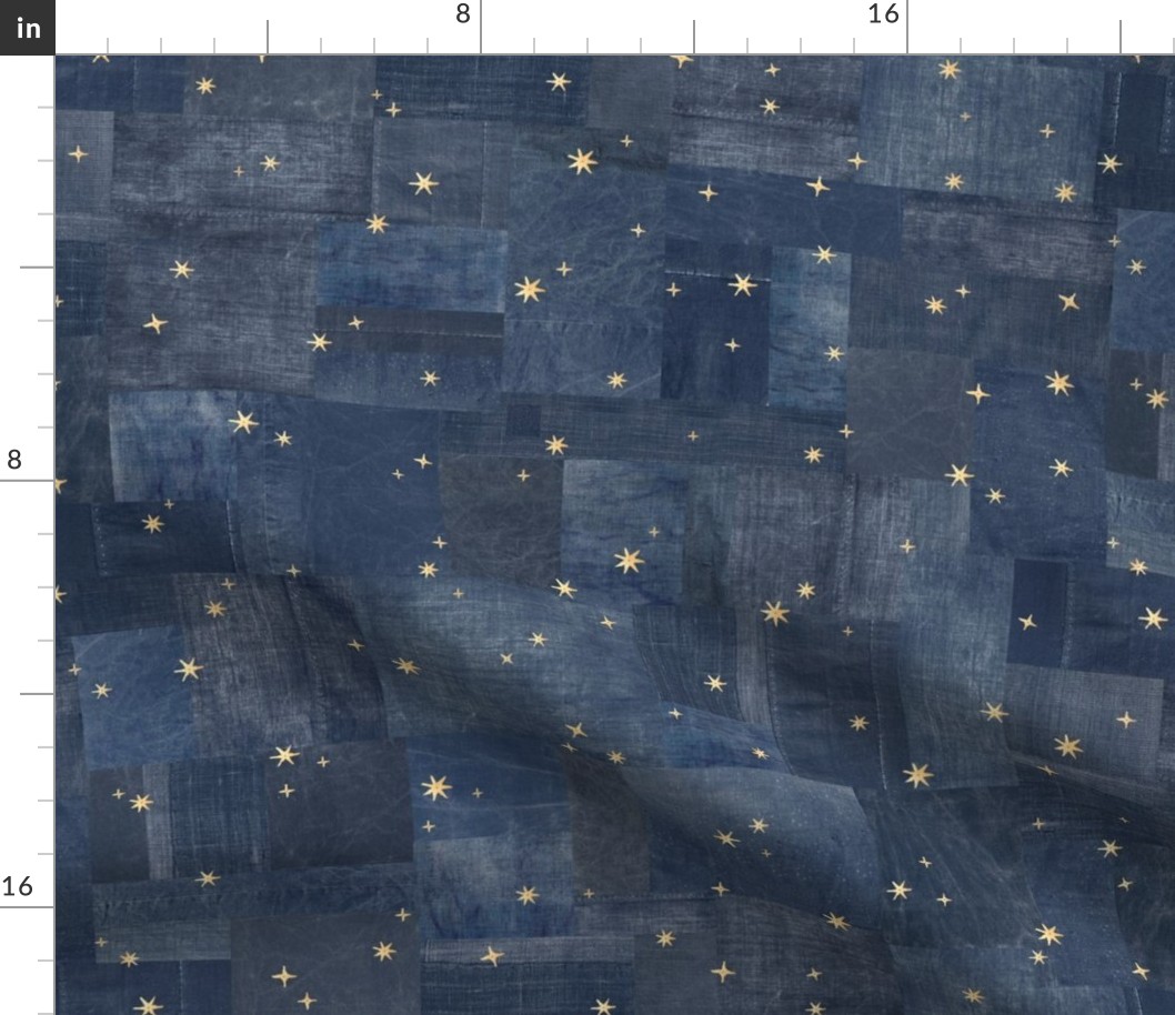 Gold Sequins on Denim (large scale) | Metallic gold stars, sequins on indigo blue patchwork denim and linen, navy blue boro cloth, blue linen quilt, stars on denim, night sky fabric.