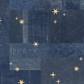 Gold Sequins on Denim (xl scale) | Metallic gold stars, sequins on indigo blue patchwork denim and linen, navy blue boro cloth, blue linen quilt, stars on denim, night sky fabric.