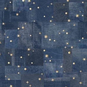 Gold Sequins on Denim | Metallic gold stars and disc sequins on indigo blue patchwork denim and linen, navy blue boro cloth, blue linen quilt, night sky, Indian sequins fabric.