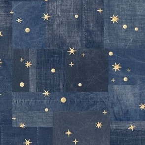 Gold Sequins on Denim (large scale) | Metallic gold stars and disc sequins on indigo blue patchwork denim and linen, navy blue boro cloth, blue linen quilt, night sky, Indian sequins fabric.