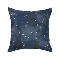 Gold Sequins on Denim (xl scale) | Metallic gold stars and disc sequins on indigo blue patchwork denim and linen, navy blue boro cloth, blue linen quilt, night sky, Indian sequins fabric.