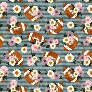 (small scale) floral football - football and flowers - dusty blue stripes - LAD22