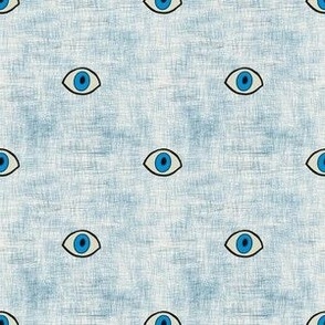 Surrealist dog eyes on scratch pale blue background small 6” repeat