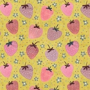 Vintage Style Hand Painted Strawberries with dots - Ditsy Scale - Strawberry Yellow Pink
