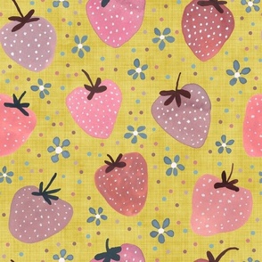 Vintage Style Hand Painted Strawberries with dots - Medium Scale - Strawberry Yellow Pink