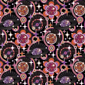 Groovy glam disco - disco balls, stars, flowers and rainbows - purple, orange and pink on black - medium - 12 inch W