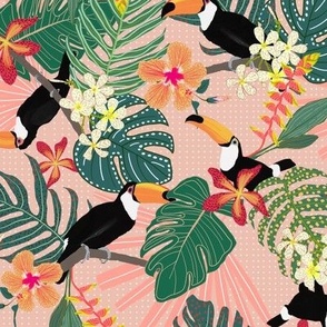 Tropical Toucan Birds With Leaves and Banana Flowers