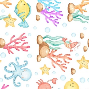 Watercolor Under The Sea Life Ocean Animals Rotated Turned 90