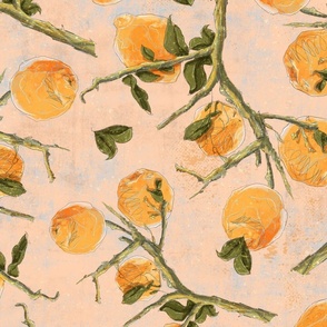 Lemons on apricot cream_big scale / Soft color backgr like a light salmon, with hand-drawn and- painted lineart scrible style lemons and some leaves