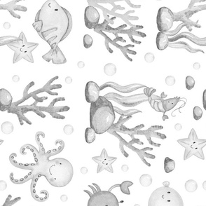 Watercolor Gray Under The Sea Life Ocean Animals Rotated Turned 90