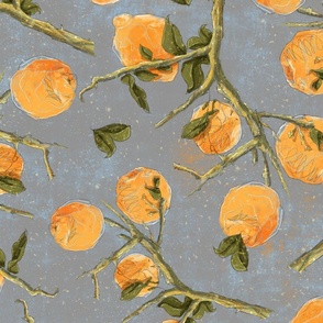 Lemons on blue grey_large scale yellow lineart, detail pencil handrawn watercolor textures branches lemons