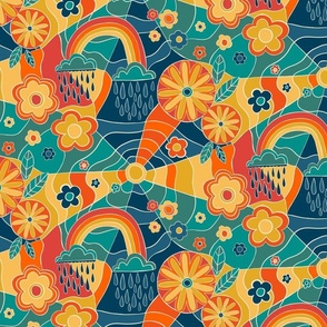 Psychedelic 70s - bright flowers and rainbows - medium