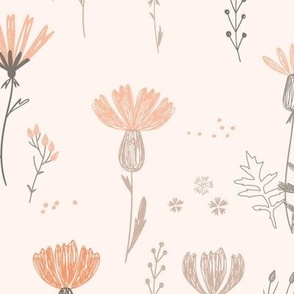 Large | Orange Peach and Coral pink Wildflowers on light pink