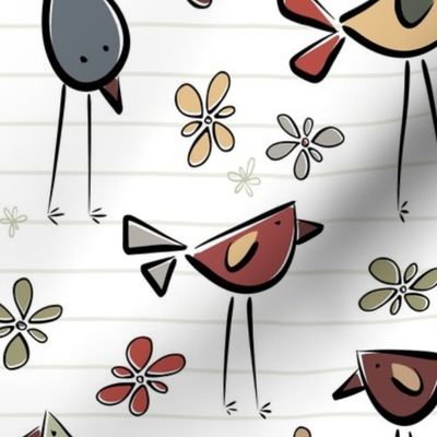 funny birds garden party - earthy colors - birds fabric and wallpaper