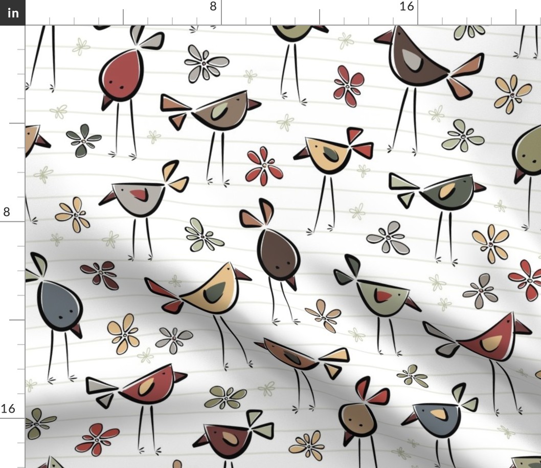 funny birds garden party - earthy colors - birds fabric and wallpaper