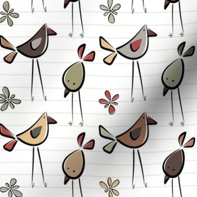 funny birds garden party coordinate II - earthy colors - birds fabric and wallpaper