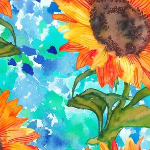 Sunflower on meadow smudge flowers in blue and turquoise - Large scale