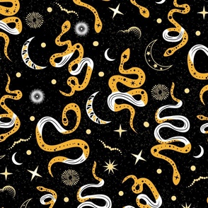 Magical Snake Galaxy- Bohemian Mystical Snakes- Black and Gold- Large Scale
