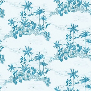vintage sketchy tropical jungle toile de jouy - atoll blue - medium