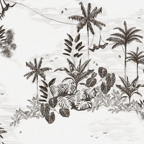 vintage sketchy tropical jungle toile de jouy - black ink linen - large