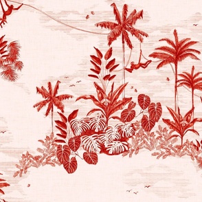 vintage sketchy tropical jungle toile de jouy - chinoiserie ruby red - large