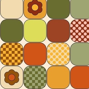 374 - Disco Floor Tile 60s 70s retro vintage style - graphic geometric bold floral and mini florals, polka dots in earthy boho tones.  For home decor, wallpaper and kids apparel - in olive greens, terracotta, rust, burnt sienna, deep red and cream.