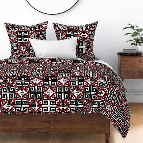 Growth - Folk Motive Geometric Pattern with Swirls Structural Waves - Ancient Ethnic Symbol - Abstract Ornament Obereg - Black White Scarlet Red - Mega Large