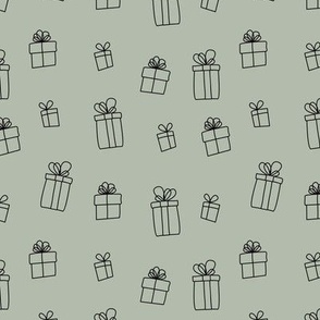 Wrapping gifts for the Holidays hand drawn presents for birthdays or christmas on sage green
