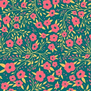 Floral pattern on green background, botanical, pink flowers, yellow leaves