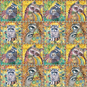 SMALL FUNKY FOUR RACCOONS PANEL COLORFUL YELLOW KLIMT INSPIRED FLWRHT