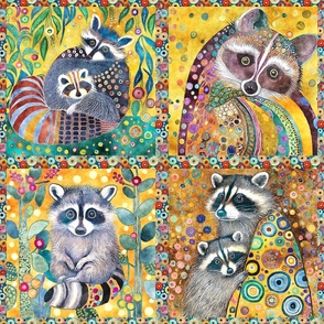 FUNKY FOUR RACCOONS PANEL COLORFUL YELLOW KLIMT INSPIRED FLWRHT