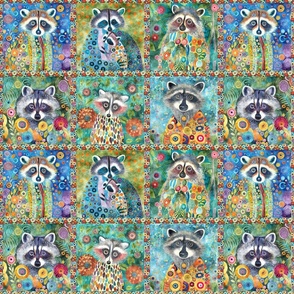 SMALL FUNKY SIX RACCOONS PANEL COLORFUL BLUE KLIMT INSPIRED FLWRHT