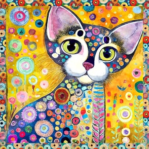 FUNKY CAT 7 COLORFUL PANEL KLIMT INSPIRED FLWRHT