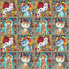 SMALL FUNKY FOUR CATS CHECKERBOARD PANEL COLORFUL KLIMT INSPIRED FLWRHT