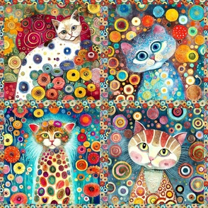 FUNKY FOUR CATS CHECKERBOARD PANEL COLORFUL KLIMT INSPIRED FLWRHT