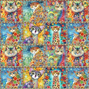 SMALL FUNKY SIX CATS CHECKERBOARD PANEL COLORFUL KLIMT INSPIRED FLWRHT