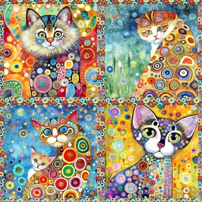 FUNKY SIX CATS CHECKERBOARD PANEL COLORFUL KLIMT INSPIRED FLWRHT