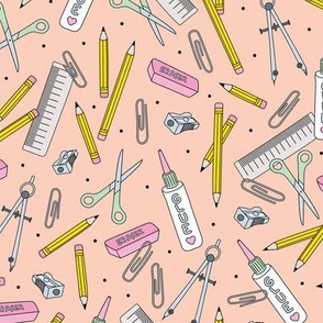 Back to school art and math supplies for the classroom pencils glue scissors class kids design yellow pink blush girls