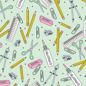 Back to school art and math supplies for the classroom pencils glue scissors class kids design mint green yellow pink girls